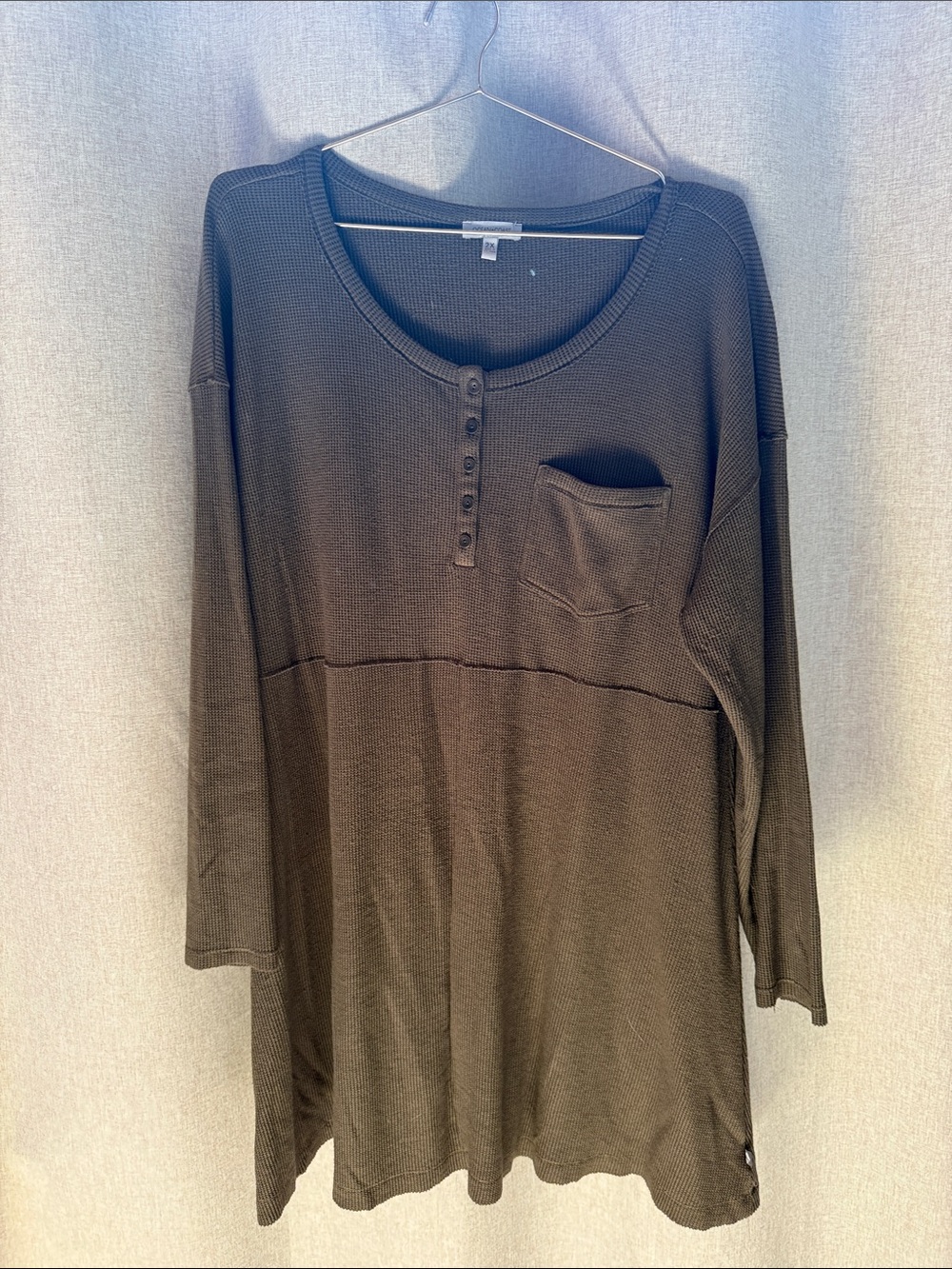 Waffle Knit Henley Dress - Army Green